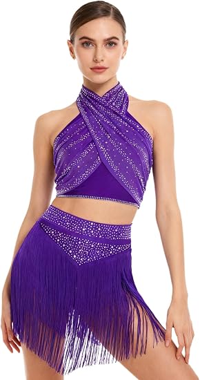Women Tassel Chacha Samba Performance Rhinestone Dress Latin Dance Costume Fringe Salsa Dance Outfit