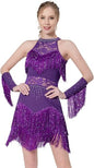 Women Latin Dress Lace Rhinestone Fringe Skirt Ballroom Salsa Cha Cha Dance Party Dress with Armband