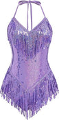 Sexy Sequins Fringe Bodysuit Halter Lace Up Back Jazz Latin Dance Tassel Leotard Acrobat Costume Rave Concert Outfits