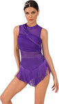 Rhinestone Fringe Bodysuit Women Sparkly Tassel Romper Dress Mesh Latin Jazz Dance Leotard Rave Outfits Disco Pole Dancewear