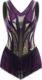 Women Sexy Fringe Bodysuit Open Back Sparkly Sequins Tassel Latin Jazz Dance Outfits Trapeze Acrobat Circus Costume