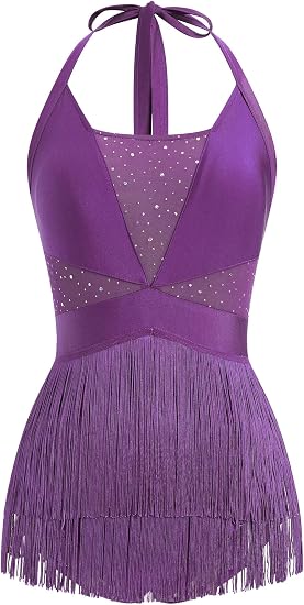 Women Halter Fringe Bodysuit Open Back Glitter Mesh Salsa Jazz Latin Dance Dress Sexy Concert Sparkly Tassel Outfits