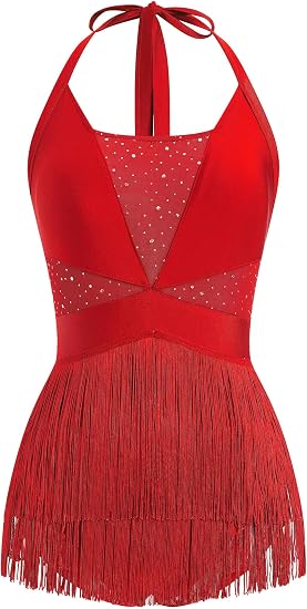 Women Halter Fringe Bodysuit Open Back Glitter Mesh Salsa Jazz Latin Dance Dress Sexy Concert Sparkly Tassel Outfits
