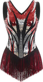 Women Sexy Fringe Bodysuit Open Back Sparkly Sequins Tassel Latin Jazz Dance Outfits Trapeze Acrobat Circus Costume