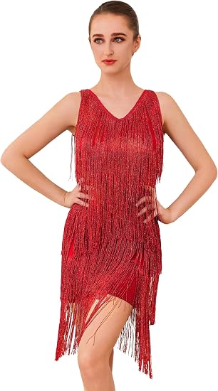 Sparkly Fringe Dress for Women Glitter Tassel Latin Dance Dress V-Neck V-Back Ballroom Jazz Salsa Competition Costume