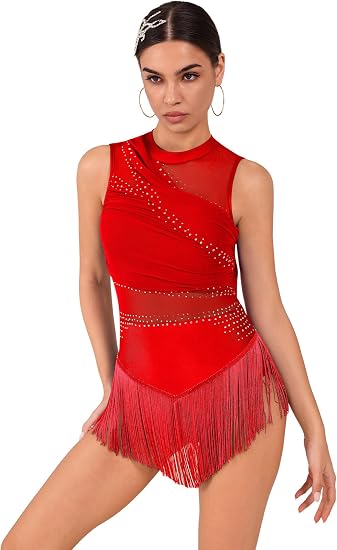Rhinestone Fringe Bodysuit Women Sparkly Tassel Romper Dress Mesh Latin Jazz Dance Leotard Rave Outfits Disco Pole Dancewear