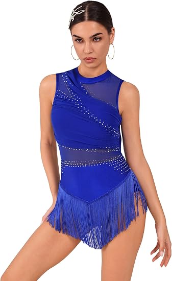 Rhinestone Fringe Bodysuit Women Sparkly Tassel Romper Dress Mesh Latin Jazz Dance Leotard Rave Outfits Disco Pole Dancewear