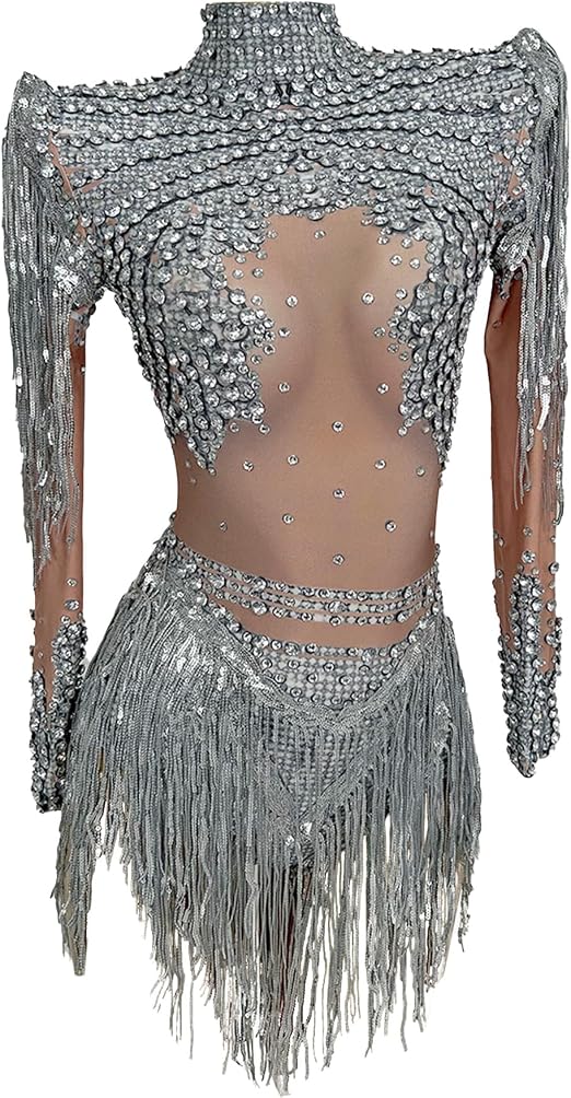Women Diamonds Sequins Tassel Bodysuit Night Stage Wear Sexy Performance Latin Dance Costume Party Birthday Outfit