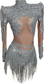 Women Diamonds Sequins Tassel Bodysuit Night Stage Wear Sexy Performance Latin Dance Costume Party Birthday Outfit
