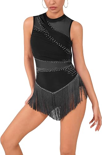 Latin Dress for Women Tassel Fringe Sparkly Rhinestones Mesh Leotard Backless Bodysuit Jazz Samba Dancewear