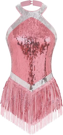 Women Halter Sparkly Fringe Sequin Bodysuit Sexy Jazz Dance Outfits | Showgirl Concert Latin Salsa Surprise Dance Outfits Adult Shiny Sequins Acrobat Trapeze Glitter Tassel Recital Dancewear