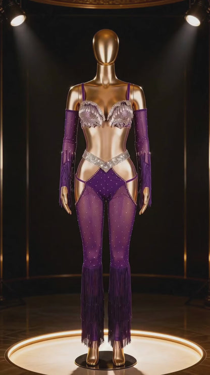 Midnight Amethyst Crystal Fringe Set Salsa Bachata LATIN Costume