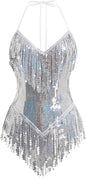 Sexy Sequins Fringe Bodysuit Halter Lace Up Back Jazz Latin Dance Tassel Leotard Acrobat Costume Rave Concert Outfits