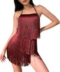 Women Halter Tassel Romper Backless Fringe Latin Dance Dress Evening Short Jumpsuit Dressy Ballroom Tie Back Playsuit
